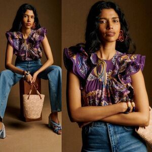 Sezane Florencina Blouse 34, Purple Soffi Print